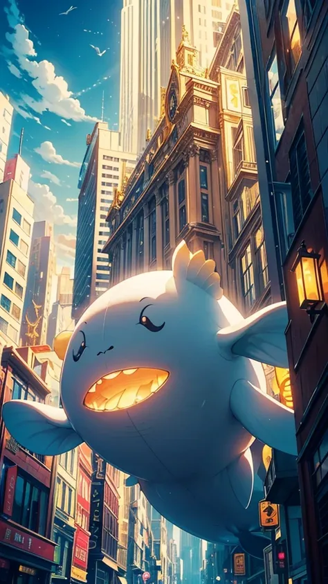 Create a whimsical and crowded scene set in a fantastical city with white and gold architecture. The city is bustling with various cute and unique characters, including humans and cartoon-like creatures. A large, friendly whale floats in the middle of the ...