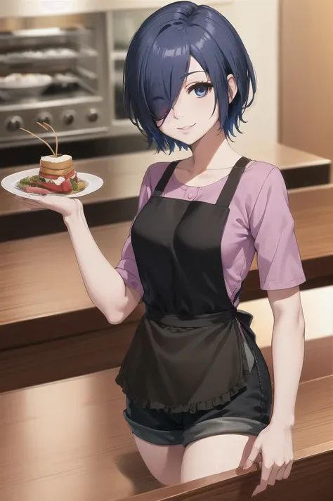 kirishima touka, blue hair, ((elegant hairstyle)), hair over one eye, blue eyes, ((pink t-shirt)), colarbone, ((black apron)), ((black shorts))
masterpiece, best quality, absurdres, upper body, looking at viewer, smile, cafe