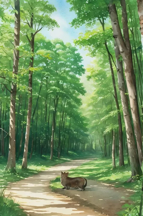 The whole forest is green　In the distance, small animals are snoozing in the shade of the trees.　A gentle illustration with a watercolor touch　The overall look is soft and fluffy with pastel colors　Cute atmosphere