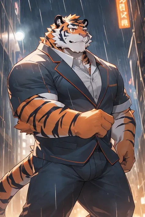 human nature, Wildlife, male,36 years old，Uncle， solitary, ((Round Face, The face is plump,Orange eyes,Thick orange hair，With scars)), ((Endomorph, Handsome，Hot Blood)), （Mecha suit，No electricity，exhaustion), ((domestic tiger, tiger，) Fluffy fur, Fluffy),...