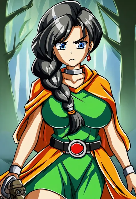 score_9, score_8_up, score_7_up, source_anime, thigh up, 1girl, frown, nervous, large breasts, dqBianca, single braid, hair over shoulder, earrings, choker, orange cape, green dress, belt, torch, dark forest, shadows