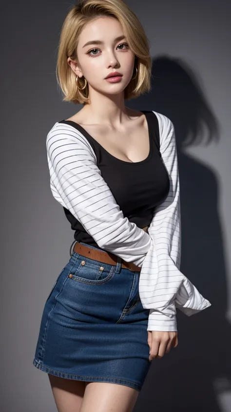 (masterpiece, best quality, beautiful and aesthetic:1.3), 1 Girl, Solitary，android 18, blonde hair, blue eyes, eyelashes, hoop earrings, short hair, earrings，belt, black legwear, black shirt, breast pocket, cleavage, collarbone, denim, denim skirt, high-wa...