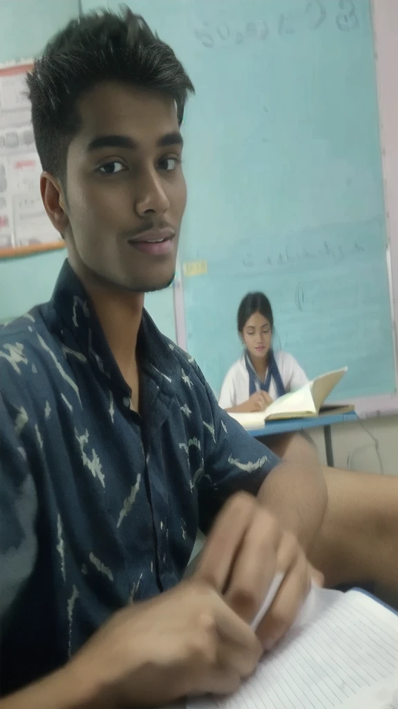 there is a handsome body of 17 years old sitting at a desk with a mathematics book, in a classroom, blurry image, setting in class, student, in a school classroom, at class, candid picture, sitting in the classroom, ayan nag, very very low quality picture,...