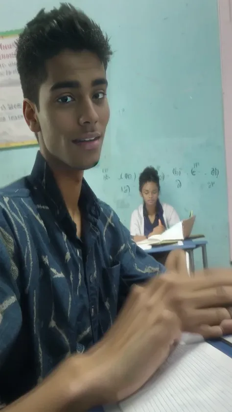 there is a handsome body of 17 years old sitting at a desk with a mathematics book, in a classroom, blurry image, setting in class, student, in a school classroom, at class, candid picture, sitting in the classroom, ayan nag, very very low quality picture,...