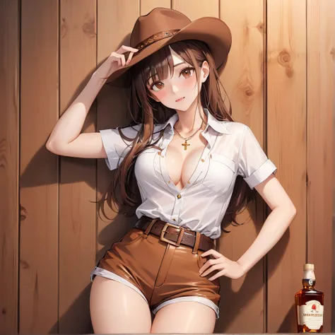 (((1 person:1.0))),(((Wear brown hot pants:1.0))),(((Brown short-sleeved T-shirt:1.0))),(((Wear a belt:1.0))),((Wearing a watch:1.0))),(((Showing cleavage))),(((Exposed thin inner thighs))),(((Small breasts:1.0))),(((Bare arms))),(((Put on your boots:1.0))...