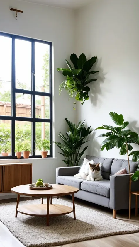 "Create an image of a cute small cat in the interior of a modern house. The scene should include stylish, contemporary furniture, large windows with natural light, and some indoor plants to add greenery. The cat should be playfully positioned on a sleek so...