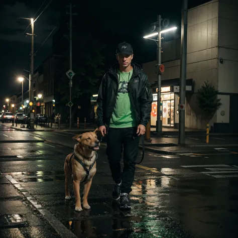 A contemporary photo of a caucasian man with his dog in leash standing on the sidewalk by a tall traffic light, European style traffic lights, side wiev, late dark evening and pouring rain, cars has green lights, blurry cars passing by, reflections, camera...