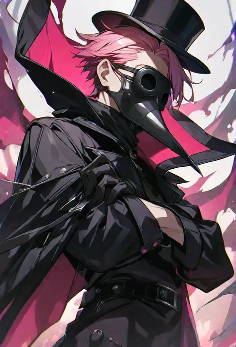 solo, handsome, 1 male, short hair, pink hair, purple eyes, black coat, black plague doctor mask, black gloves, black top hat