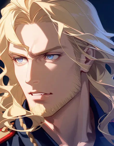 male, late 30s, blond, shoulder-length, middle-part wavy hair, light-purple, deep-set, sanpaku eyes, slightly thick blond beard,...