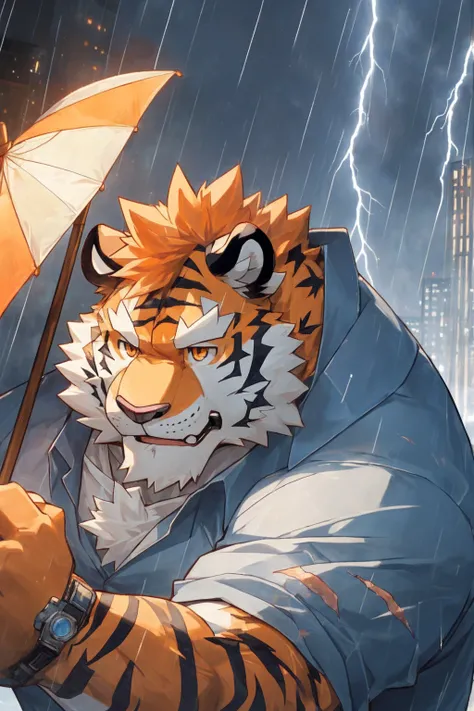 human nature, Wildlife, male,36 years old，Uncle， solitary, ((Round Face, The face is plump,Orange eyes,Thick orange hair，With scars)), ((Endomorph, Handsome，Hot Blood)), （Mecha suit，No electricity，exhaustion), ((domestic tiger, tiger，) Fluffy fur, Fluffy),...