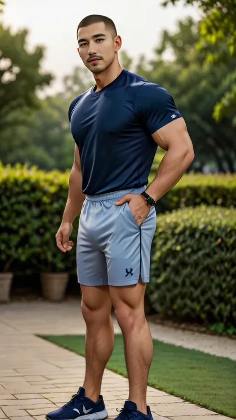 Masterpiece, best quality, high resolution, realistic, handsome, Take beautiful photos, Sayk, NRF, Photo of the 35 year old gym association (The man has a thin mustache.:1.1),Full body, Portrait, standing in the garden , make military media, weight, Amazin...