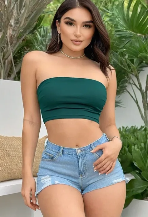 (((high quality:1.2))), work of art, (8k), extremely detailed, ((High detail:1.2)), ((best resolution:1.4)), (HotLexi woman), Solo, (beautiful face:1.4), (24 years:1.5), (strapless crop top, mini-shorts),