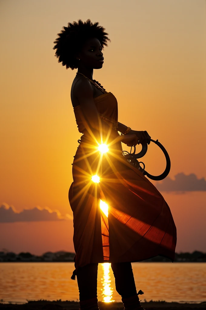 silhouette dun griot (conteur ouest-africain) assis et tenant un instrument à cordes comme une kora. background : A vibrant sunset with warm colors like orange, red and yellow representing the power and magic of stories. 