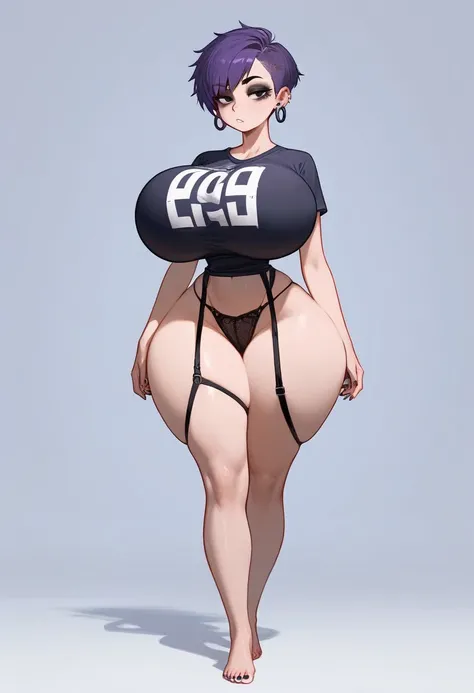 pale woman, short pixie purple hair, some hair on the back of her head, big earring, half lidded eyes, dark black eyeshadow, very massive and huge breasts, hyper breasts, very busty, small waist, wearing a very skin-tight white t-shirt that covers her wais...