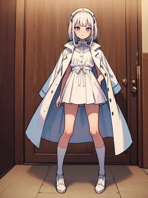 White silk knee socks，Short skirt，Boots，Lining，coat，White hair，A cat lady，Loli，small headdress，White, light blue, light pink，Standing