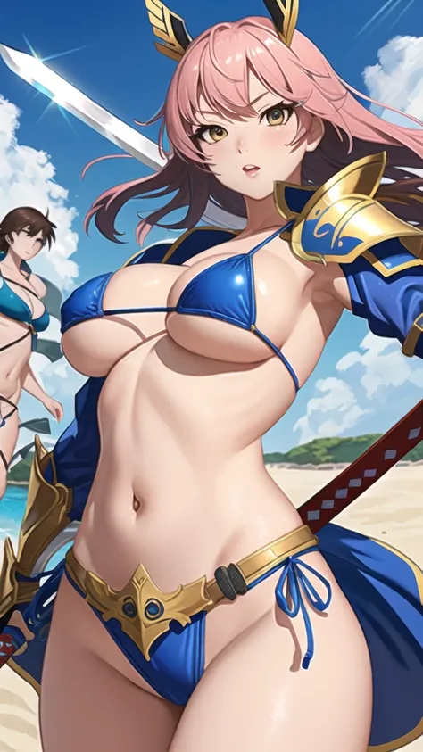 Cartoon character with sword, Art inspired by Masamune Shirow,  Armor Girl, Bikini Armor, Bikini Armor, Bikini Armor female knight, Bikini Armor, tits, Knight Girl, tits、Intense battle scenes,topless, White thighs,Vertical belly button、Skin radiance