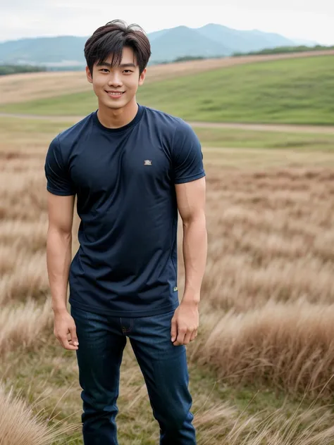 独奏: 1.5, (As a matter of fact, Masterpiece, 8k HD, good light quality, sportswear, fit the face, complicated details), A handsome Korean young man with muscular arms. , 20 years old, be happy, smile brightly, detailed face, delicate eyes, look at the sky, ...