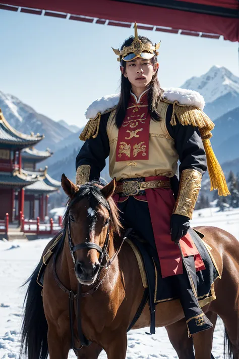 1 boy, Male focus, Solitary,  boots, Gloves, fingerless Gloves, sunglasses, Black Hair, belt,, Long hair, Pants，Golden Qing Dynasty Eight Banners Armor，Chinese armor ，Golden Qing Dynasty Eight Banners Armor，Chinese armor ，Golden Qing Dynasty Eight Banners ...