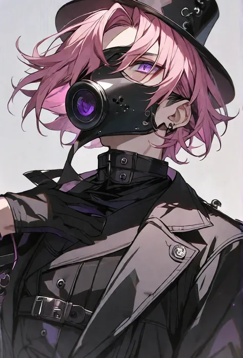 solo, handsome, 1 male, short hair, pink hair, purple eyes, black coat, black plague doctor mask, black gloves, black top hat