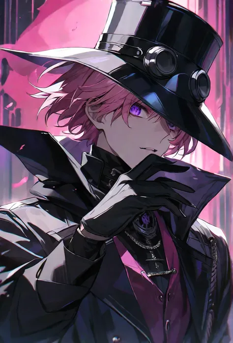 solo, handsome, 1 male, short hair, pink hair, purple eyes, black coat, black plague doctor mask, black gloves, black top hat