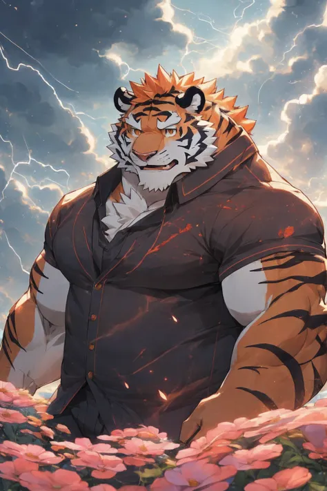 human nature, Wildlife, male,36 years old，Uncle， solitary, ((Round Face, The face is plump,Orange eyes,Thick orange hair，With scars)), ((Endomorph, Handsome，Hot Blood)), （Mecha suit，No electricity，exhaustion), ((domestic tiger, tiger，) Fluffy fur, Fluffy),...