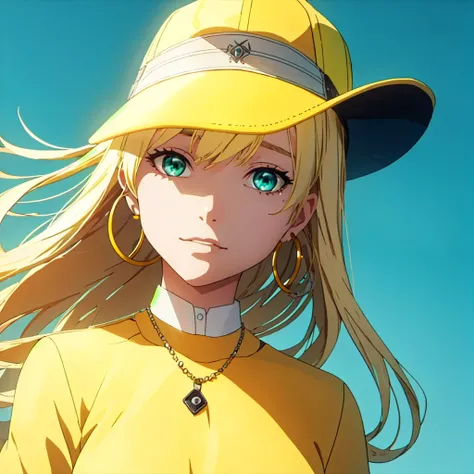 masterpiece, best quality, illustration, 1girl, , aqua eyes, baseball cap, blonde hair, closed mouth, earrings, hat, hoop earrings, jewelry, shirt, long hair, side bangs, simple background, yellow shirt, solo, looking at viewer, , , anime coloring, , A fai...