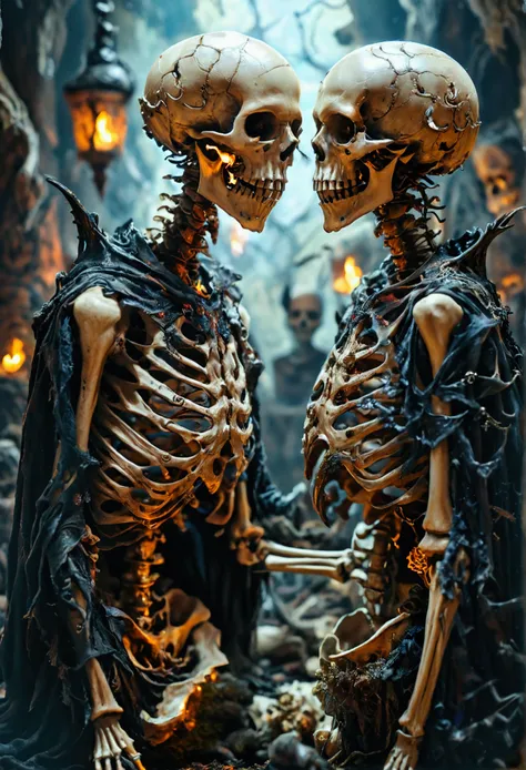 Skeleton and Lucifer talking on a pile of corpses, fantasy, complicated, elegant, Very detailed, Center, symmetry, I drew, complicated, Volumetric Lighting, beautiful, Dark masterpiece, Clear focus, Very detailed, Dan Mumford and Mark Simonetti&#39;s style...