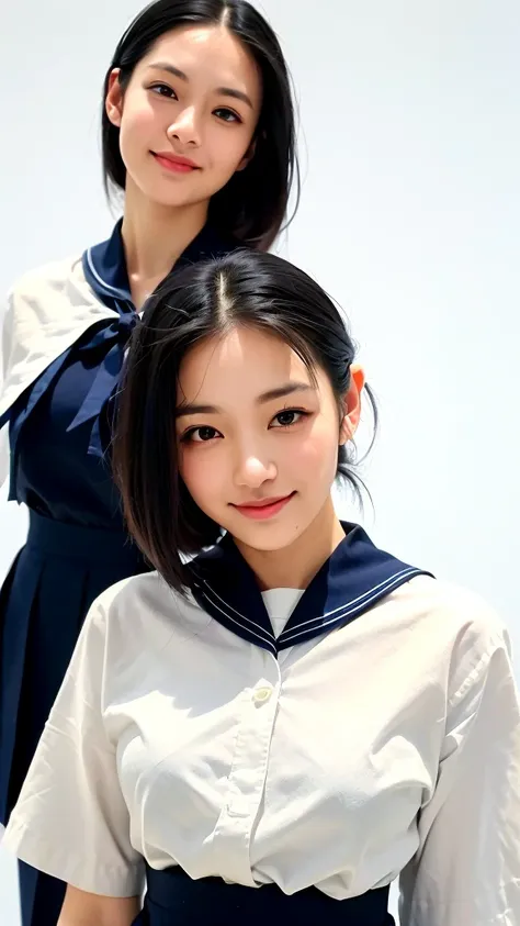 (1 woman:1.99)、(Wide forehead、Very short hair、Very small amount of hair、Forehead、Fuji frame:1.1)、Sunburn、17 years old、Naughty、Happy expression、満面のsmile、Weakness、love、I feel very comfortable alone、(sailor suit, dark blue collar, white shirts, short sleeve, ...