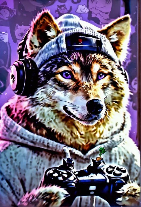 Wolf Hair、Purple Eyes、Long eyeliner、I like Shiba Inu, Cat, Have a game controller.、He is wearing a white hoodie and a grey hat..Blonde long hair。