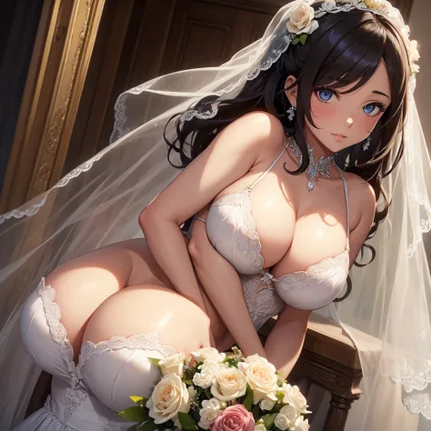 Girl with huge sagging breasts with a sweetheart neckline and a lace neckline ,bridal veil and bouquet 