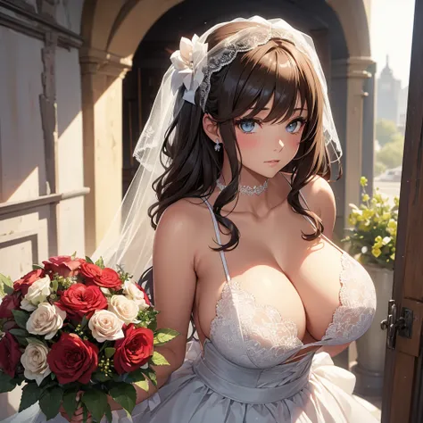 Girl with huge sagging breasts with a sweetheart neckline and a lace neckline ,bridal veil and bouquet 