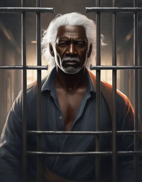 very old man , com roupas velhas e brancas very dark skin with white hair being arrested in a cell, detailed face, elderly man, prisoner, jail cell, realistic, detailed, cinematic lighting, moody, dramatic, realistic textures, 4k, high resolution, photorea...