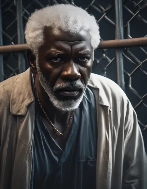 very old man , com roupas velhas e brancas very dark skin with white hair being arrested in a cell, detailed face, elderly man, prisoner, jail cell, realistic, detailed, cinematic lighting, moody, dramatic, realistic textures, 4k, high resolution, photorea...