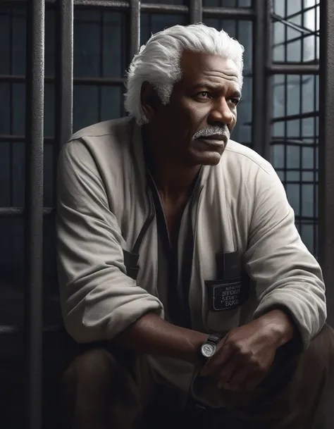 very old man , com roupas velhas e brancas very dark skin with white hair being arrested in a cell, detailed face, elderly man, prisoner, jail cell, realistic, detailed, cinematic lighting, moody, dramatic, realistic textures, 4k, high resolution, photorea...