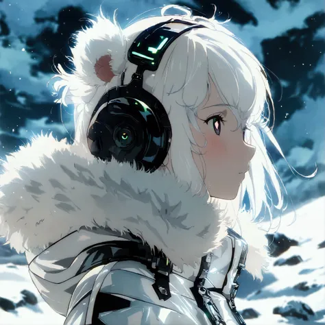 Masterpiece, High quality, High quality of art, best quality, best details, anime lineart, anime artstyle, 2d anime girl, solo, 1girl, white hair, white skin, black eyes, white fur Coat, white hearts in eyes, Black futuristic latex and titanium clothing wi...