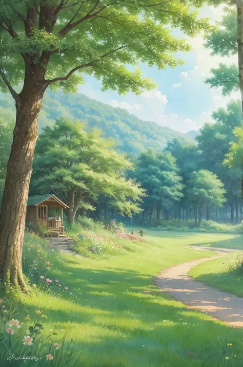 A soft and cute LOFI art cover featuring a lush green forest with a watercolor touch. In the distance, small animals like rabbits and squirrels are napping in the shade of trees. The overall color scheme is pastel and the atmosphere is dreamy and gentle.