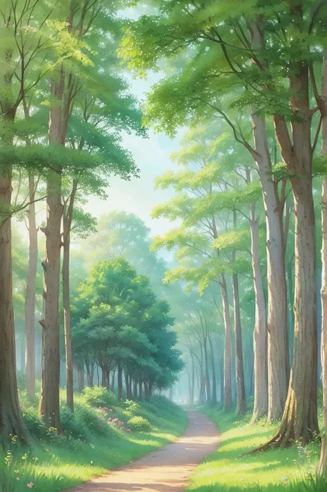 A soft and cute LOFI art cover featuring a lush green forest with a watercolor touch. In the distance, small animals like rabbits and squirrels are napping in the shade of trees. The overall color scheme is pastel and the atmosphere is dreamy and gentle.