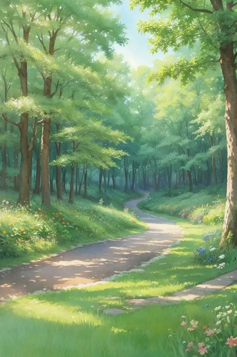 A soft and cute LOFI art cover featuring a lush green forest with a watercolor touch. In the distance, small animals like rabbits and squirrels are napping in the shade of trees. The overall color scheme is pastel and the atmosphere is dreamy and gentle.