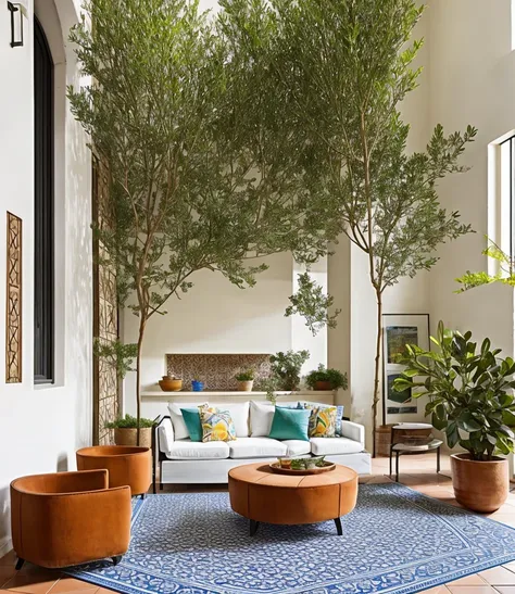 the mediterranean style living room features a large, white canvas sofa in the center, adorned with blue and terracotta-colored ...