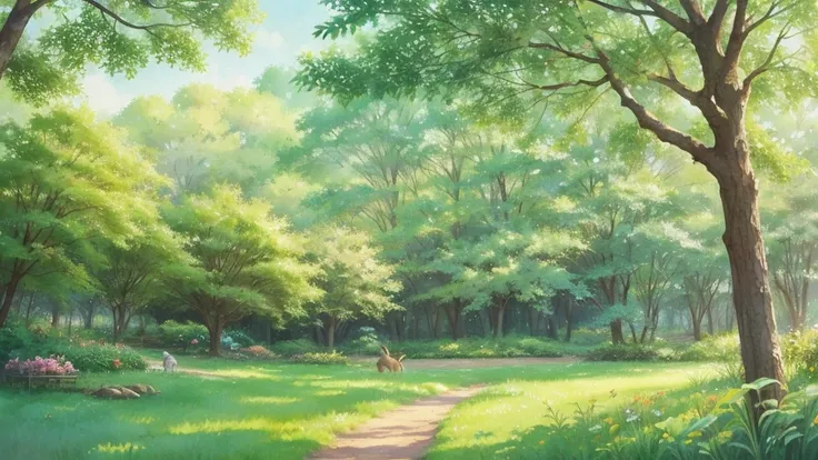 A soft and cute LOFI art cover featuring a lush green forest with a watercolor touch. In the distance, small animals like rabbits and squirrels are napping in the shade of trees. The overall color scheme is pastel and the atmosphere is dreamy and gentle.