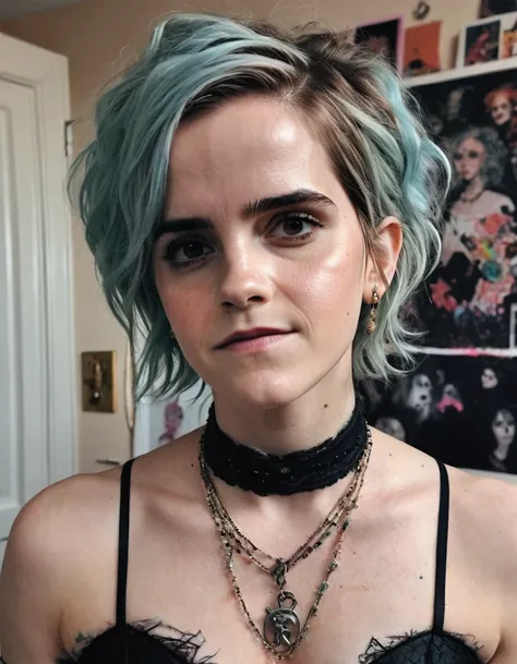 RAW photo, photograph of a (((Emma Watson))) 70years old woman, (detailed facial features), gorgeous face, standing in her messy bedroom, pale skin, wearing eyeliner, grainy, (high detailed skin:1.2), pastel goth, scene hair, teased hair, wearing bracelets...