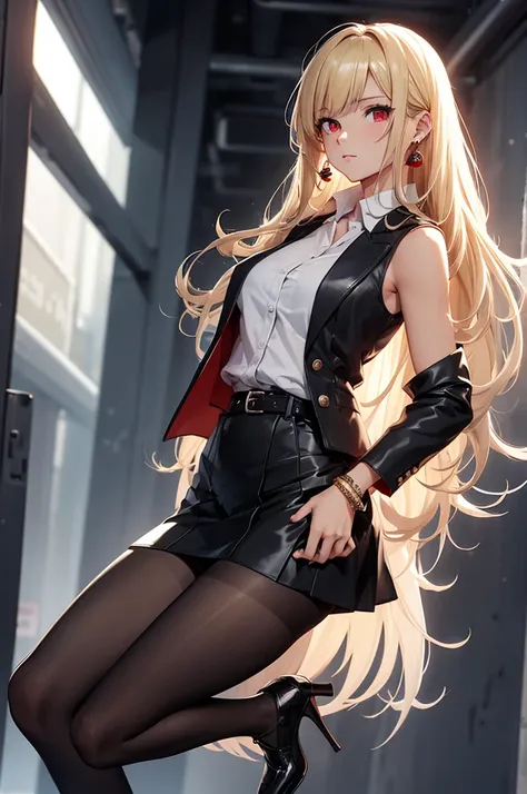 1girl, solo, long hair, breasts, looking at viewer, skirt, blonde hair, large breasts, shirt, red eyes, jewelry, jacket, white shirt, pantyhose, earrings, sleeveless, belt, black skirt, black footwear, high heels, bracelet, hand on hip, black pantyhose, ge...