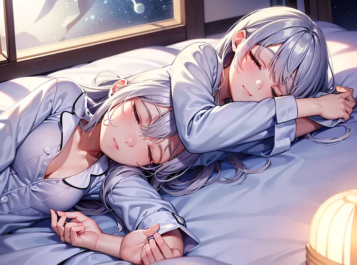 Lying on the bed)) ((Sleeping)) (Light in the moonlight, wearing cute pajamas, staring at the night sky through the window, silver hair
    girl close