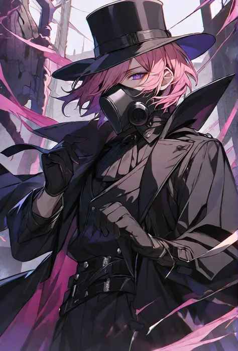 solo, handsome, 1 male, short hair, pink hair, purple eyes, black coat, black plague doctor mask, black gloves, black top hat