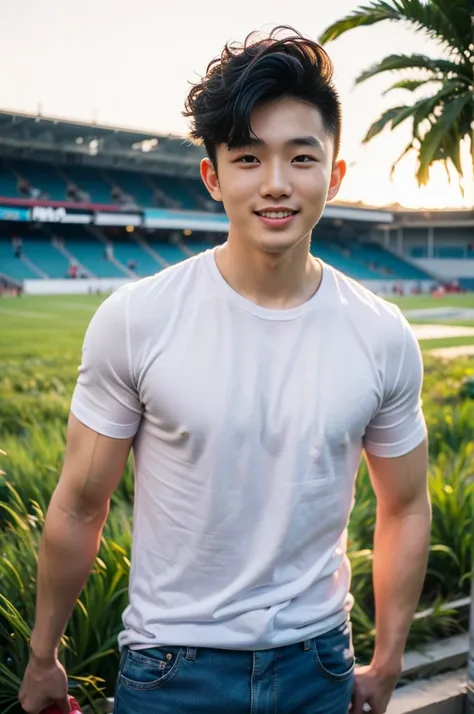 Young Korean man in a white t-shirt and jeans, A handsome, muscular young Asian man looks at the camera. In a simple t-shirt blue and red , Fieldside, grass, beach, sunlight, Carrying a camera, smiling