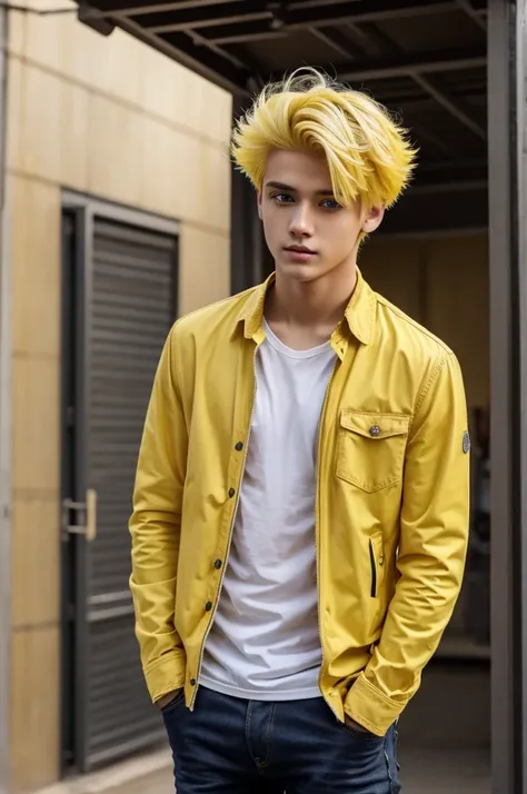 Make a guy who is 19 yrs old with yellow hair, eyes, and clothes, handsome aswell.