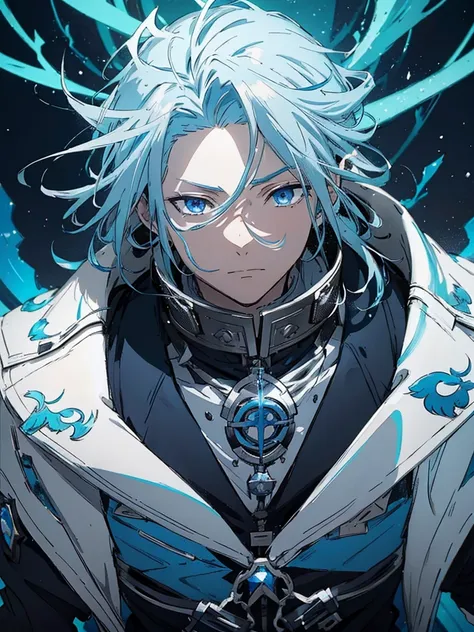 a close-up of a person with blue hair and a white jacket, tall anime guy with blue eyes, handsome guy in demon slayer art, anime...