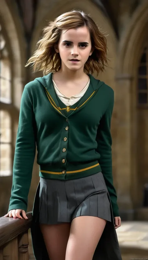 photo of beautiful emma watson as hermione granger (emma watson) in accurate costume, large breasts, cleavage, in hogwart slythe...