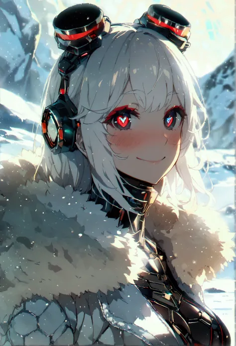 Masterpiece, High quality, High quality of art, anime lineart, 1girl,white hair, black eyes, white eyebrow, red eyeshadow, Tall, black cyber clothers, light gray cyber pants, big hips, big chest, very blush, white hearts in eyes, in future base, looking at...