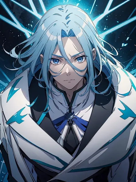 a close-up of a person with blue hair and a white jacket, tall anime guy with blue eyes, handsome guy in demon slayer art, anime...